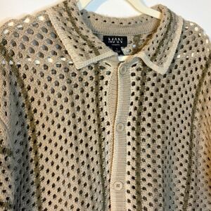 boohooMAN Crochet Cardigan Open Knit Polo Minimalist Grandpacore Boho Mens XL